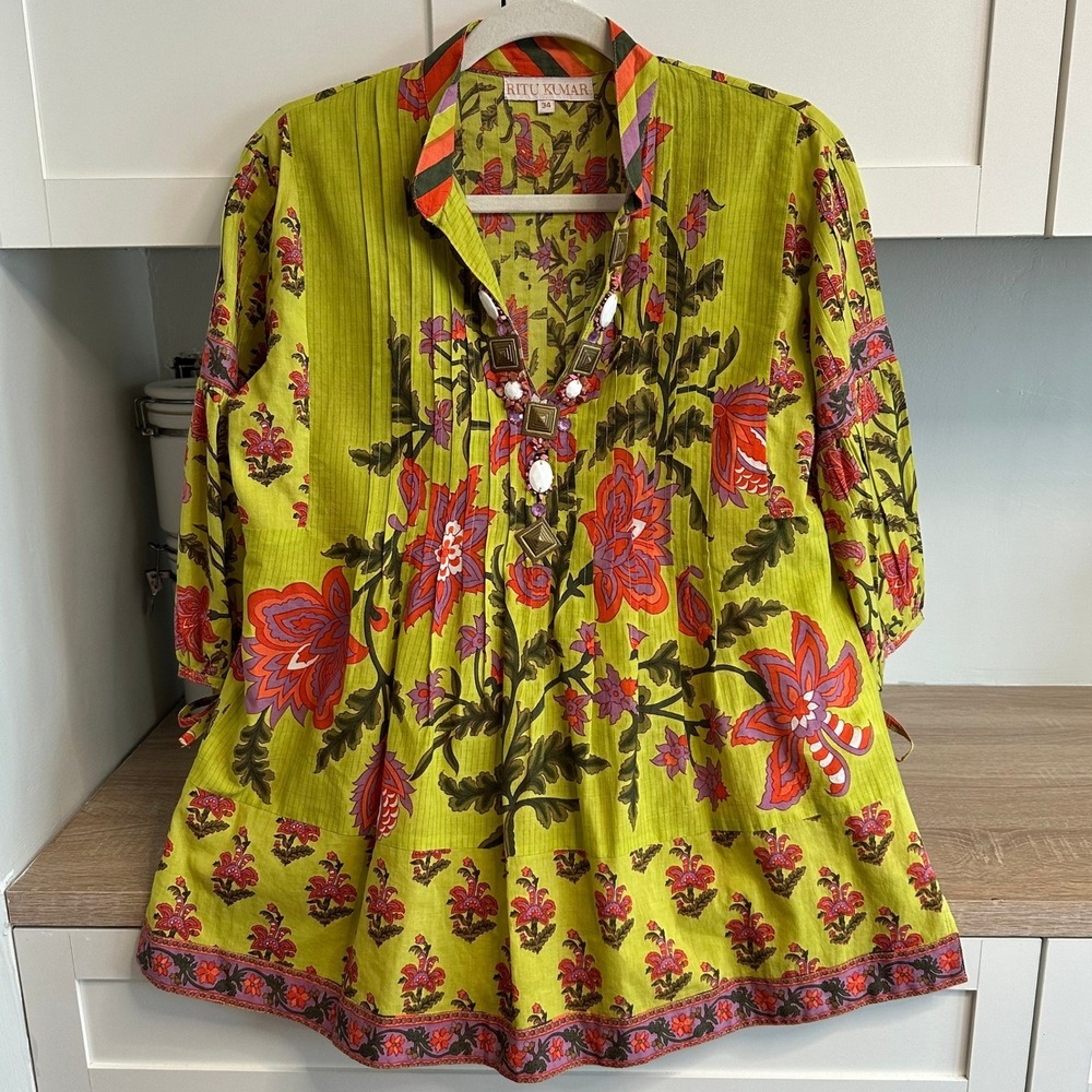 Ritu Kumar Floral Block‎ Print Tunic Womens 34 Green Embellished Boho